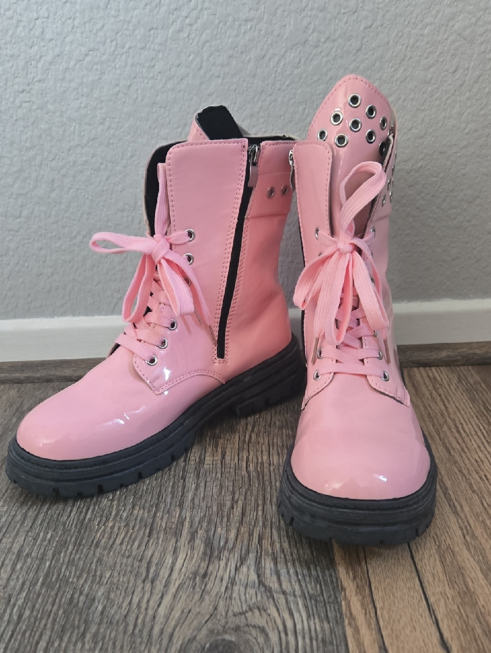 Pink Lace-Up Combat Boots with Grommet Detail
